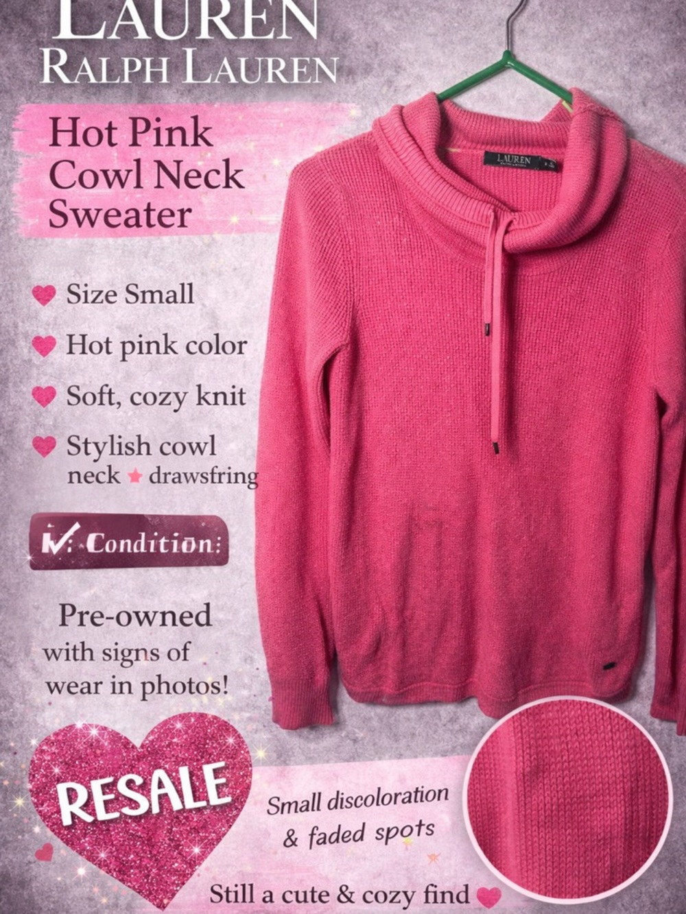 Ralph Lauren Hot Pink Cowl Neck Sweater